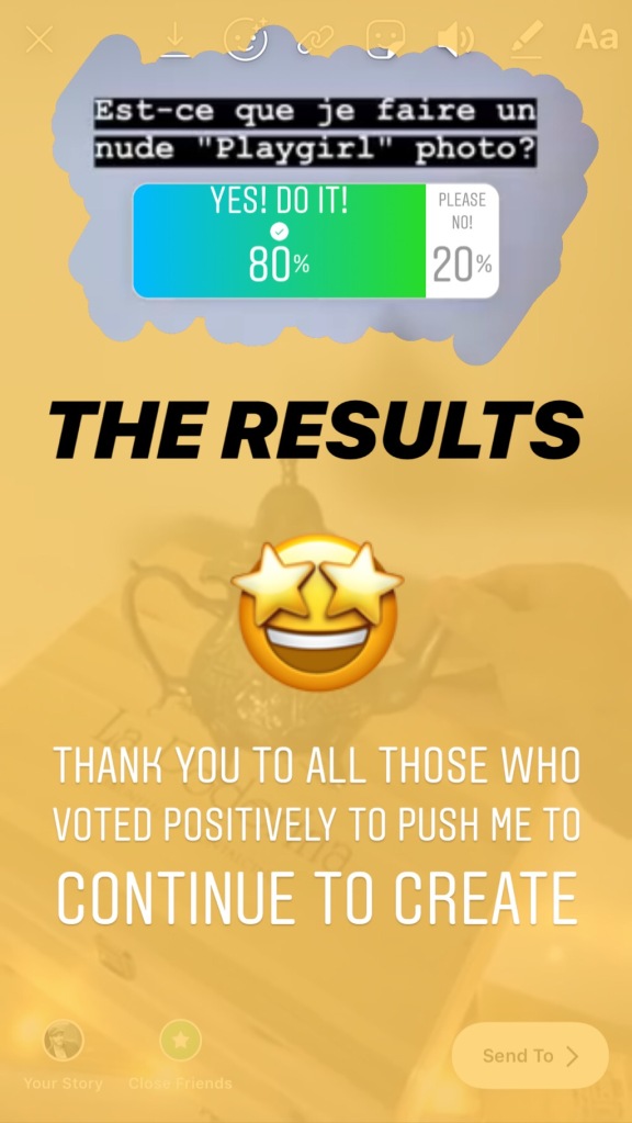 A screenshot of the Instagram Poll results from Jade Sambrook's Instagram Story asking if he should do a nude ''Playgirl'' style photo shoot 